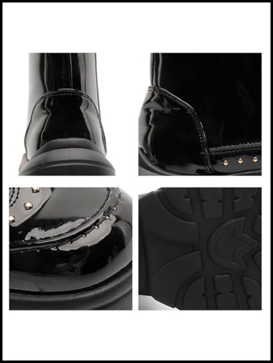 Patent Leather Rivet Platform Motorcycle Boots with Side Zipper - Non Slip main image 4